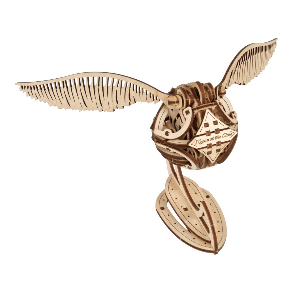 Golden Snitch – Harry Potter, Ugears mechanical wooden model kit on a stand, isolated on a white background