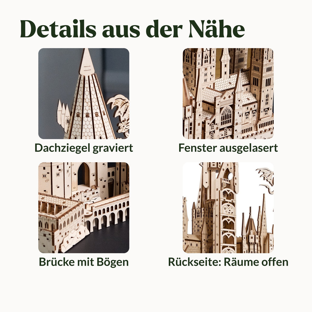 Le château de Poudlard – Harry Potter, détails : toits gravés, fenêtres découpées au laser, pont et arrière ouvert