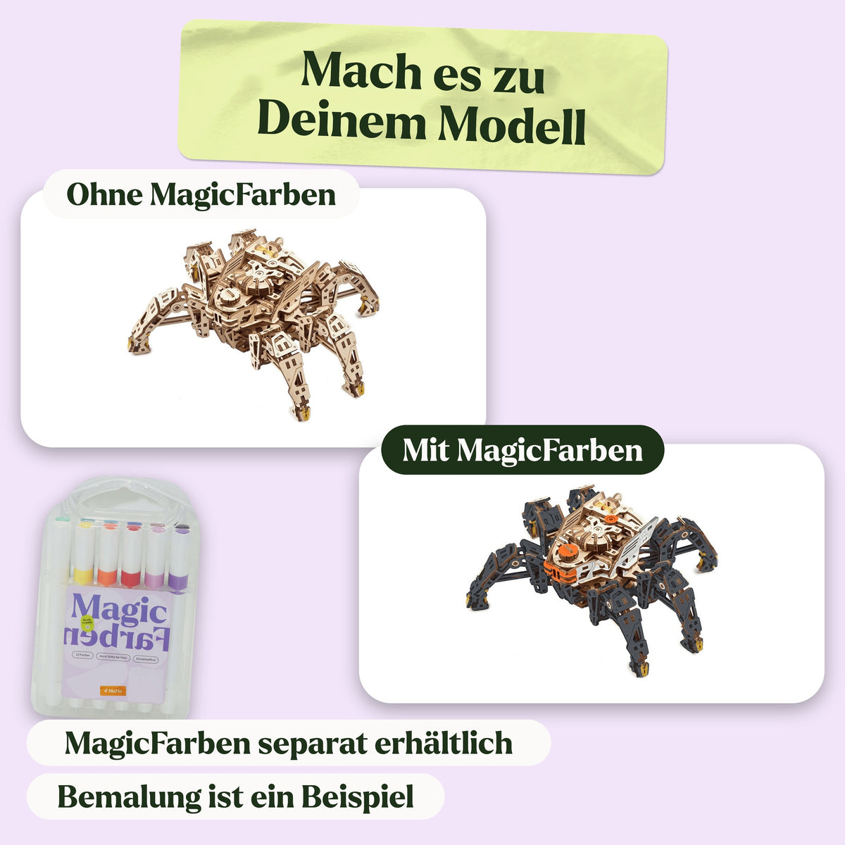 Ugears Hexapod-Explorer Holzbausatz, naturbelassen und als Beispiel mit MagicFarben bemalt (MagicFarben separat erhältlich)