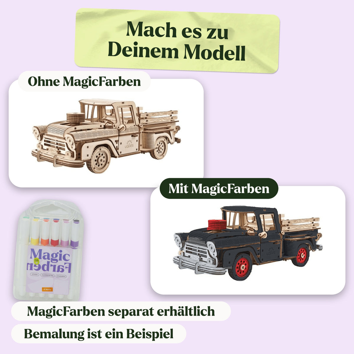 Ugears Pickup Lumberjack houten bouwpakket, in natuurlijke kleur en als voorbeeld beschilderd met Magic-verf (Magic-verf apart verkrijgbaar)