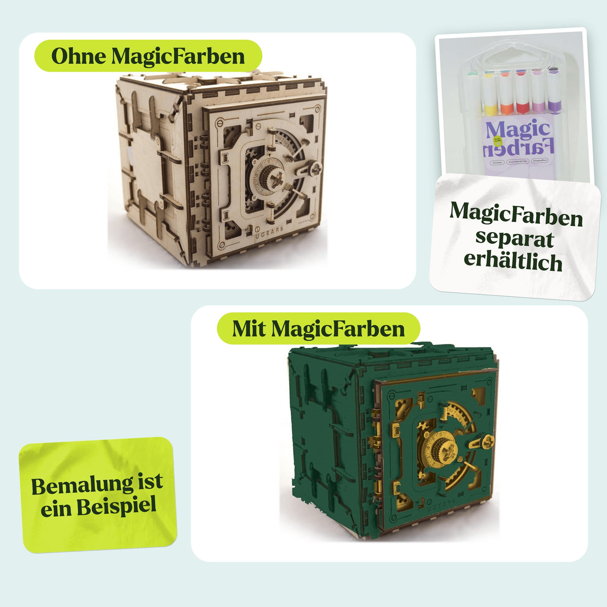 Ugears Safe houten bouwpakket, naturel en hier als voorbeeld beschilderd met Magic-verf (Magic-verf apart verkrijgbaar)