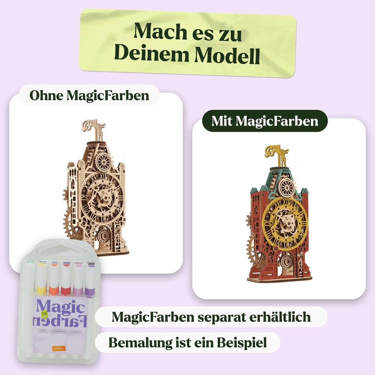 Ugears Clock Tower Wooden Model Kit, natural finish and painted with Magic Paints as shown (Magic Paints sold separately)