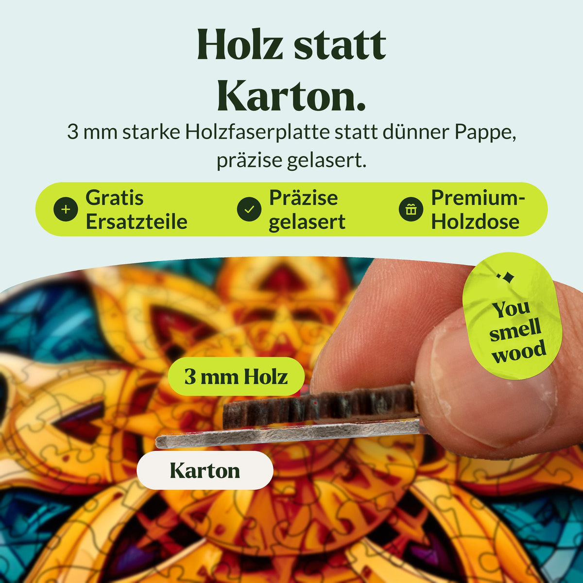 Unendlicher Reichtum Mandala Holzpuzzle, Holz statt Karton: 3 mm starkes, gelasertes Holzteil im Profil über dünnem Pappteil