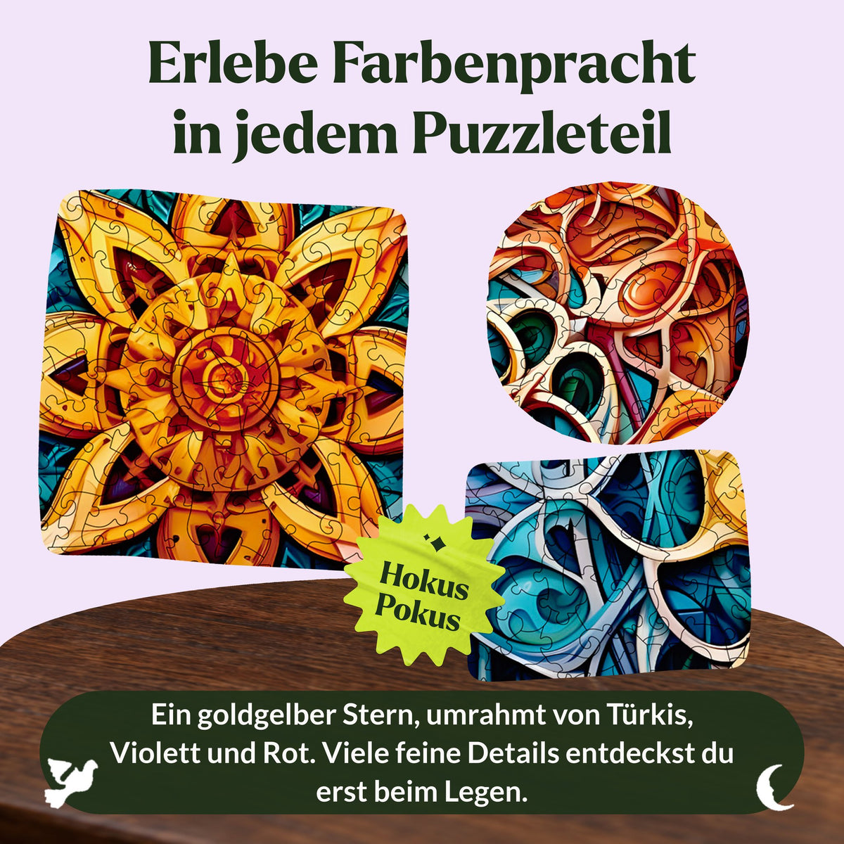 Unendlicher Reichtum Mandala Holzpuzzle, Motivdetails mit goldgelbem Stern, türkisem Flechtwerk und roten Ornamenten