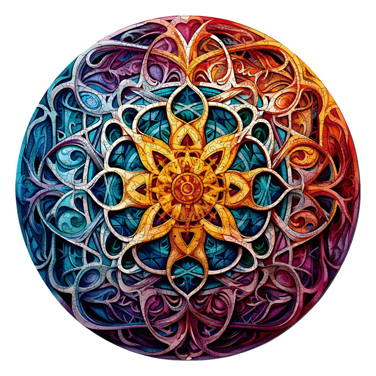 Unendlicher Reichtum Mandala Holzpuzzle, fertiges rundes Puzzle freigestellt auf weißem Hintergrund