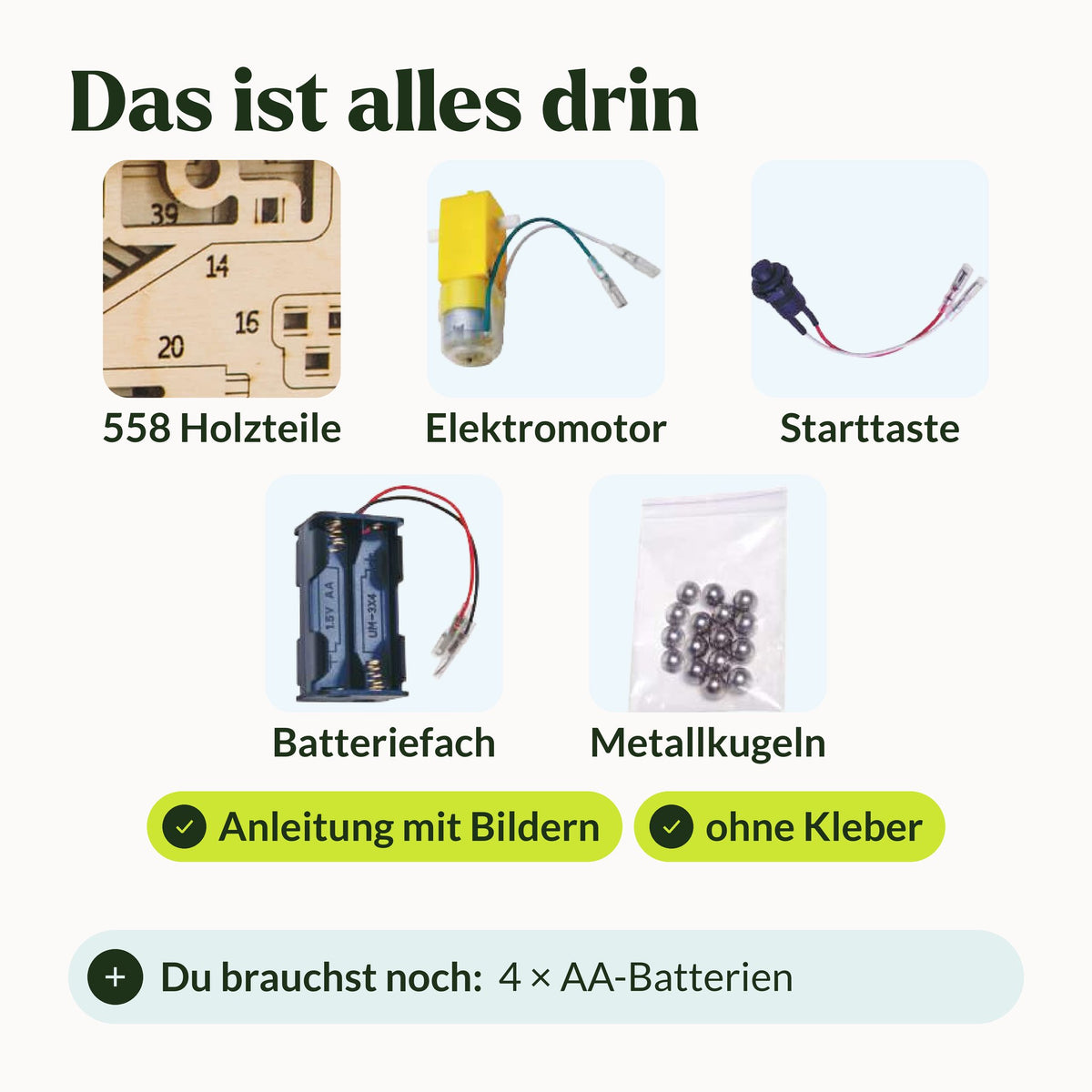 Spiral Murmelbahn Elektrisch, Lieferumfang: Motor, Starttaste, Batteriefach, Metallkugeln, 558 Holzteile