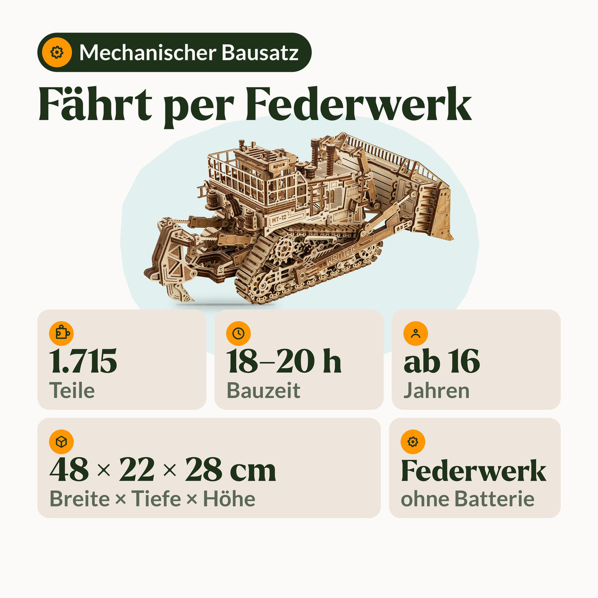 Terrain Titan Bulldozer Maquette en bois, fonctionne grâce à un mécanisme à ressort : 1 715 pièces, 18 à 20 h de montage, à partir de 16 ans, 48 × 22 × 28 cm