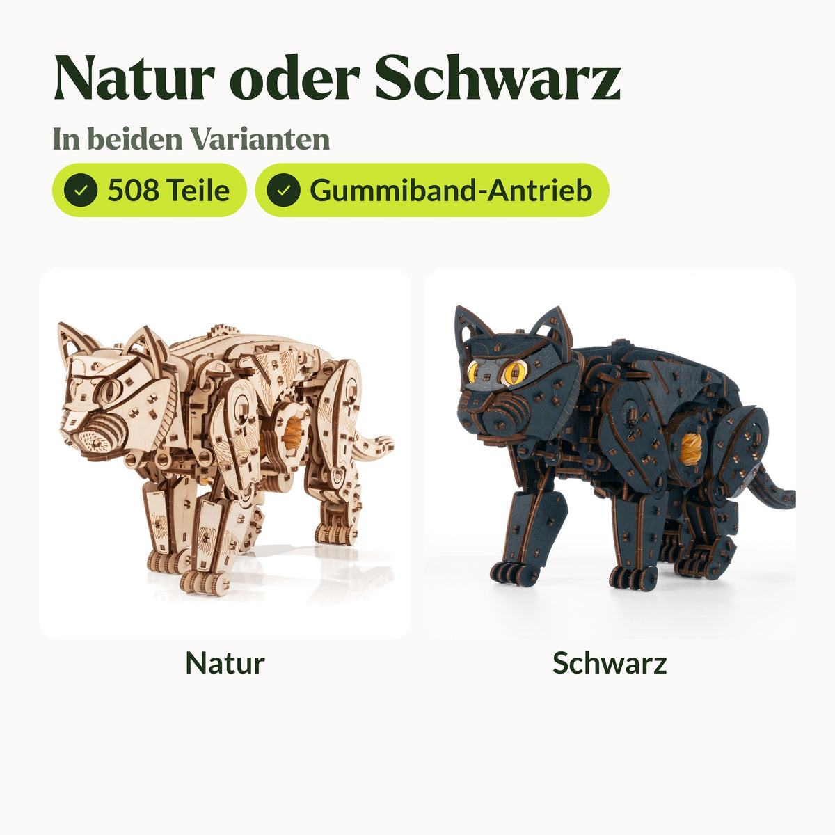 Mechanische katten – naturel of zwart: een vergelijking tussen de twee kleurvarianten naturel en zwart, beide met 508 onderdelen
