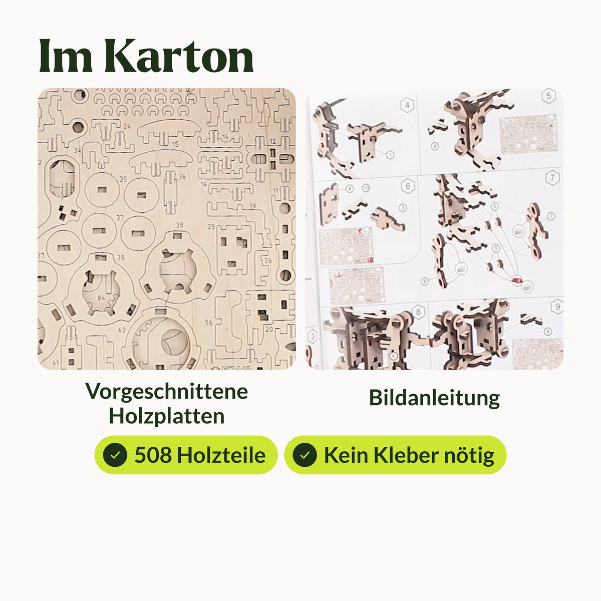 Mechanische katten – naturel of zwart, leveringsomvang: houten platen, instructie met afbeeldingen, 508 houten onderdelen, geen lijm nodig
