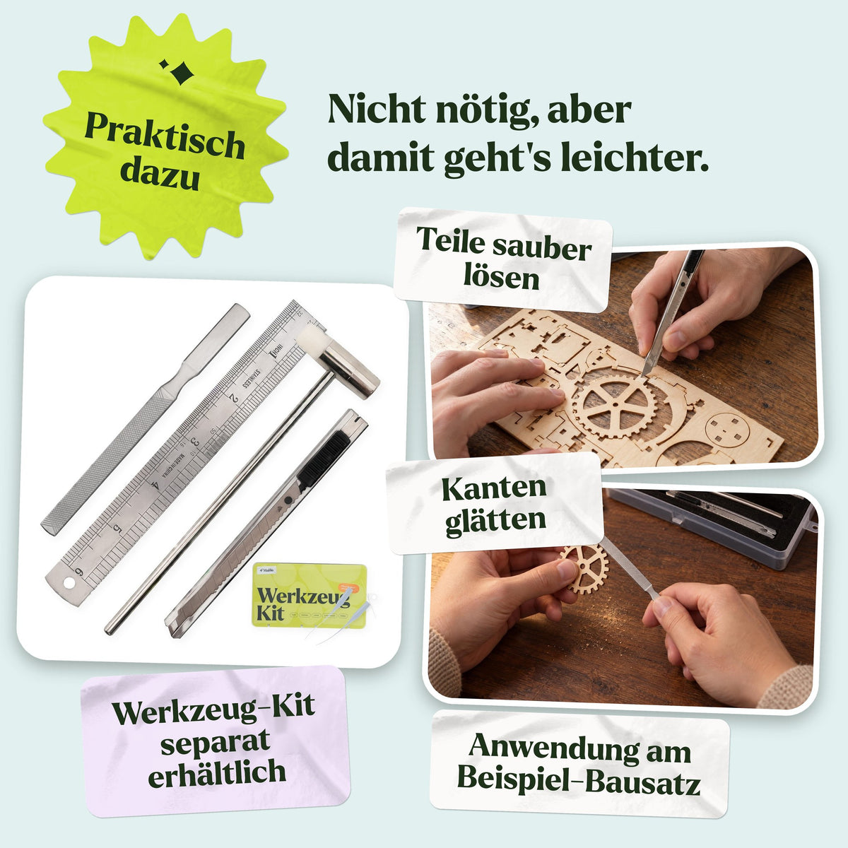 Mechanische katten – naturel of zwart, gereedschapsset met hamer, vijl en cutter om de houten onderdelen los te maken en glad te schuren