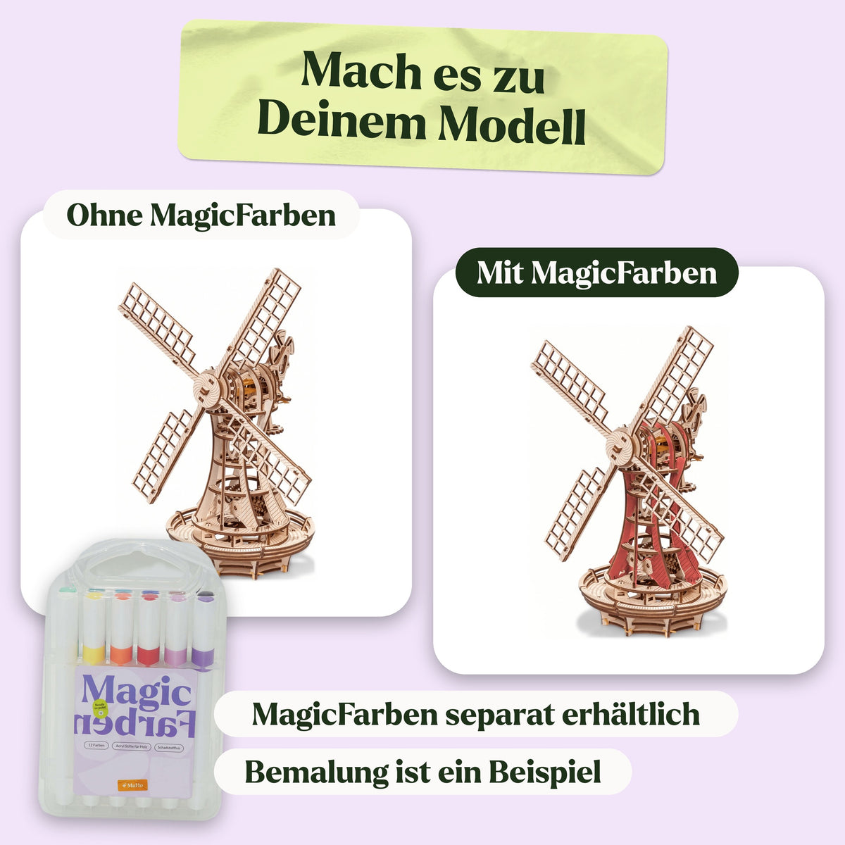 Moulin à vent mécanique « Maquette en bois », au fini naturel et peint à titre d'exemple avec les peintures Magic (peintures Magic vendues séparément)