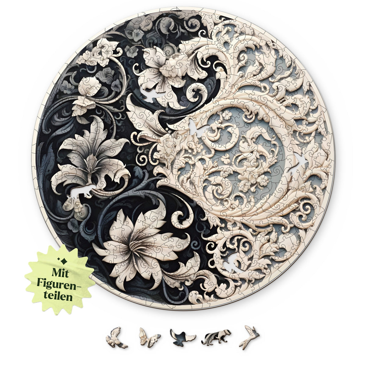 Zeitlose Ausgewogenheit Mandala Holzpuzzle, rundes Motiv von oben auf Weiß, darunter Figurenteile wie Adler, Schmetterling und Kolibri