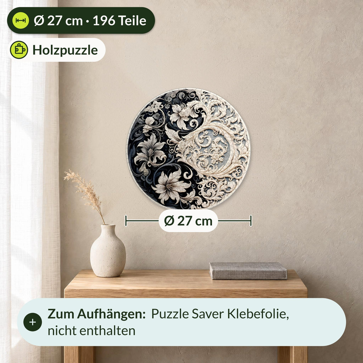 Zeitlose Ausgewogenheit Mandala Holzpuzzle, Größe M mit Ø 27 cm und 196 Teilen an der Wand über einem Nachttisch aus Eiche