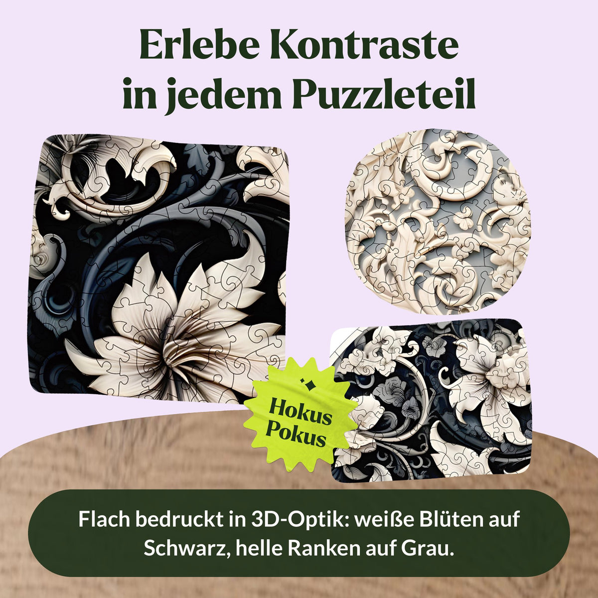 Zeitlose Ausgewogenheit Mandala Holzpuzzle, Motivdetails mit weißer Lilie, barocken Ranken und dunklen Blüten