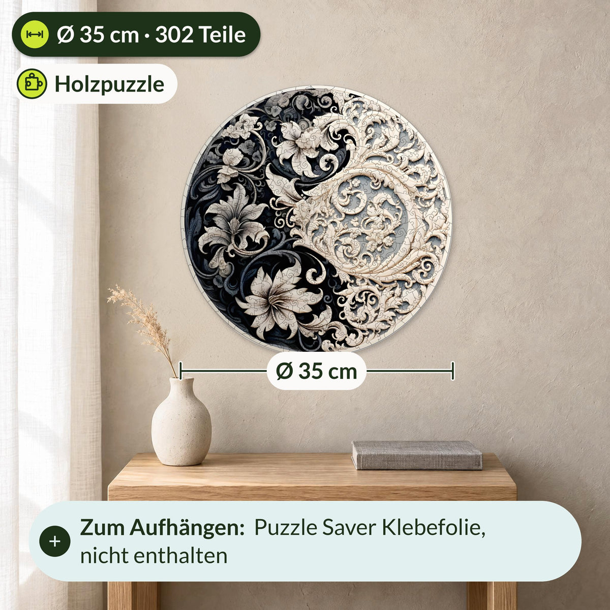 Zeitlose Ausgewogenheit Mandala Holzpuzzle, Größe L mit Ø 35 cm und 302 Teilen an der Wand über einem Nachttisch aus Eiche