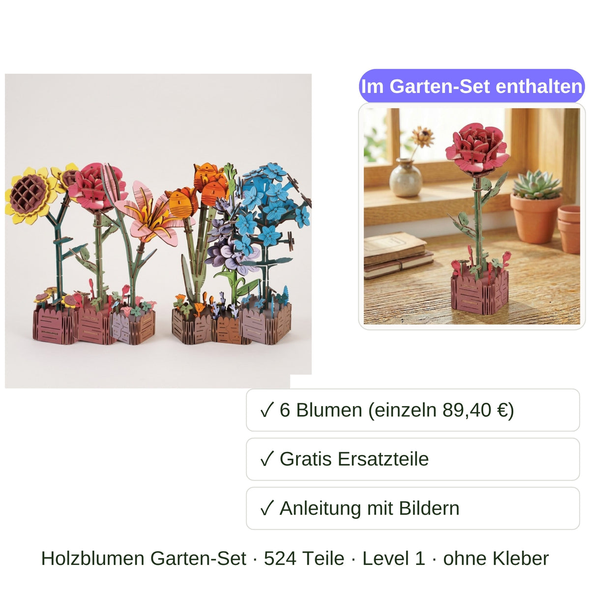 Im Garten-Set enthalten: 6 Blumen (einzeln 89,40 Euro), gratis Ersatzteile, Anleitung mit Bildern