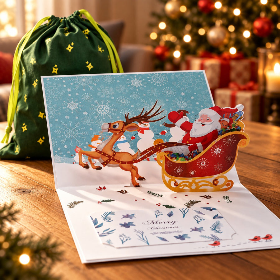 Uitgeklapte 3D-pop-up-kerstkaart met de kerstman en zijn slee, met daarachter het groene cadeautasje
