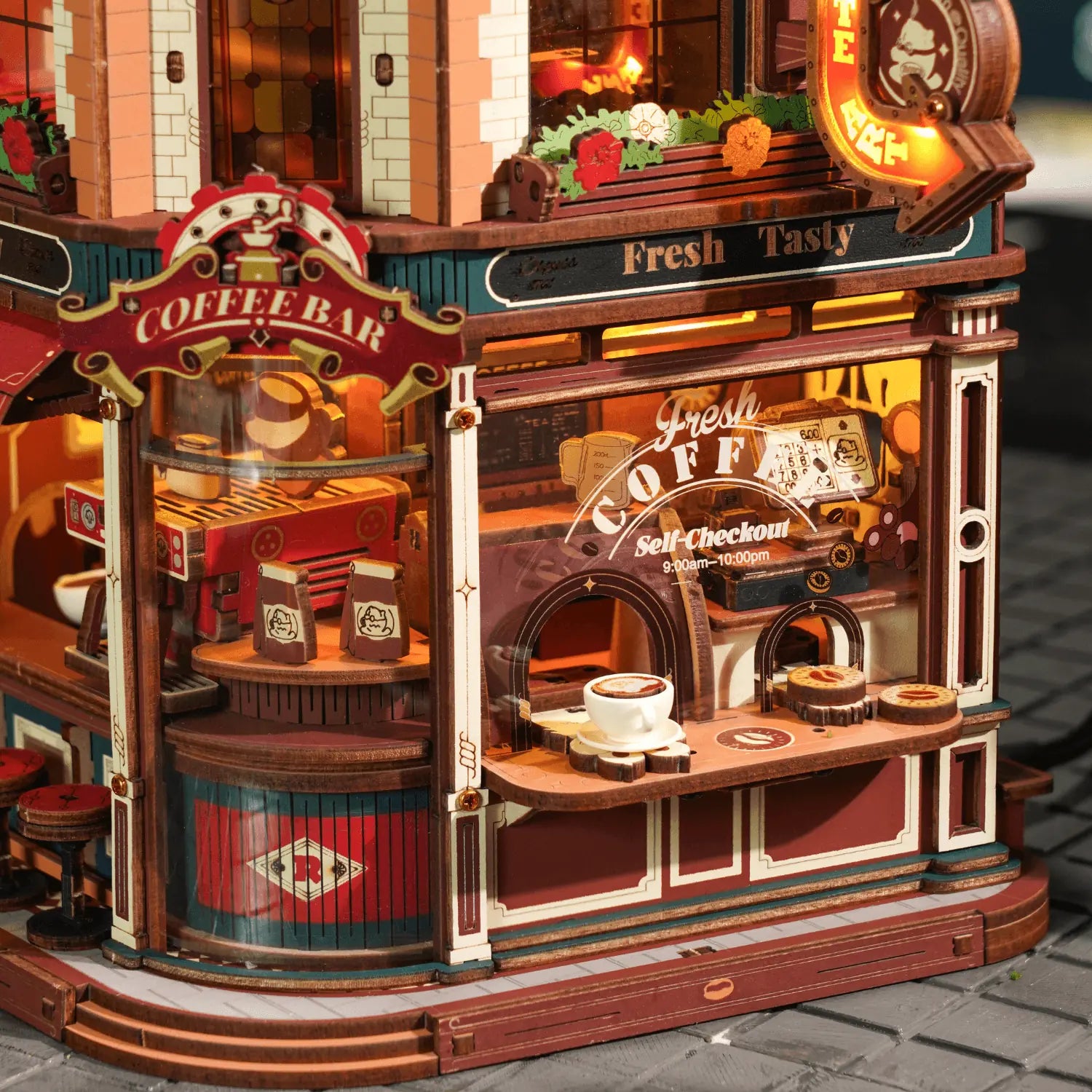 Dream Coffee Factory 3D Wooden Model Kit with Lights - Mechanical Model Kit by Robotime