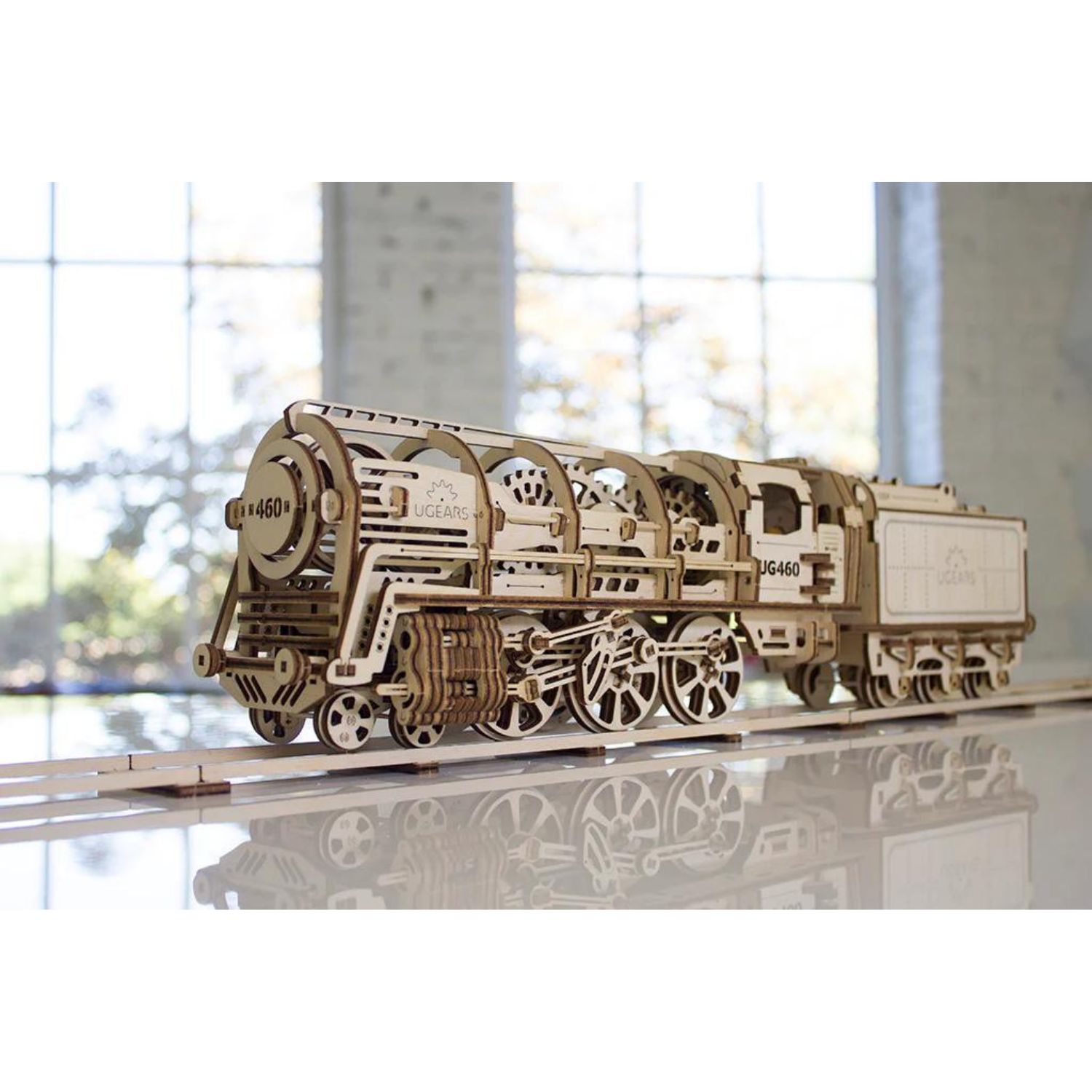 Steam Locomotive with Tender-Mechanical Wooden Puzzle-Ugears--