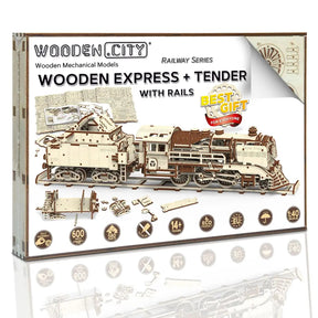 Wooden Express + Tender mit Gleisen-Mechanisches Holzpuzzle-WoodenCity--