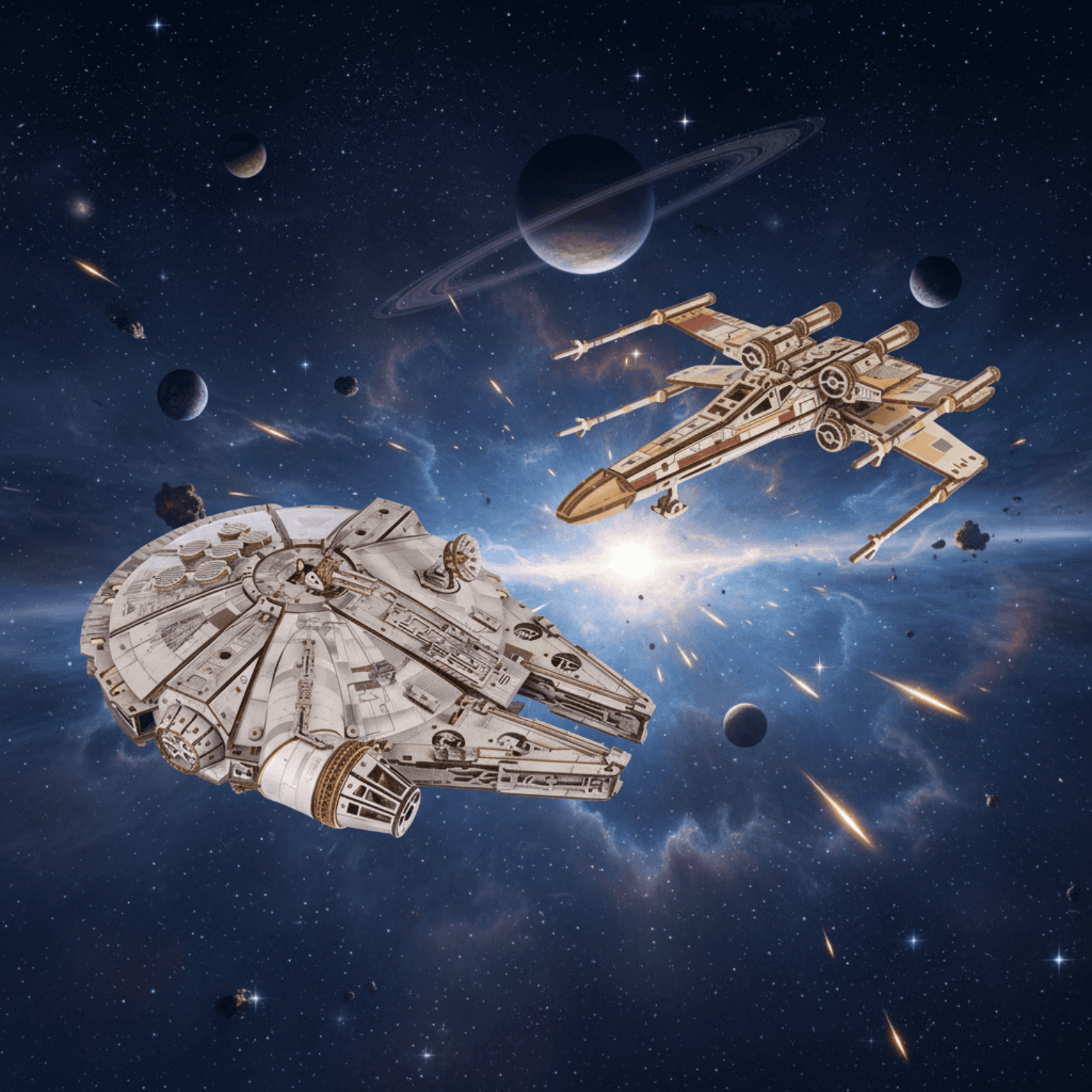 Galactic Collector's Set: X-Wing & Millennium Falcon Mechanical Wooden Puzzle Ugears Without Tools Set X-Wing & Millennium Falcon