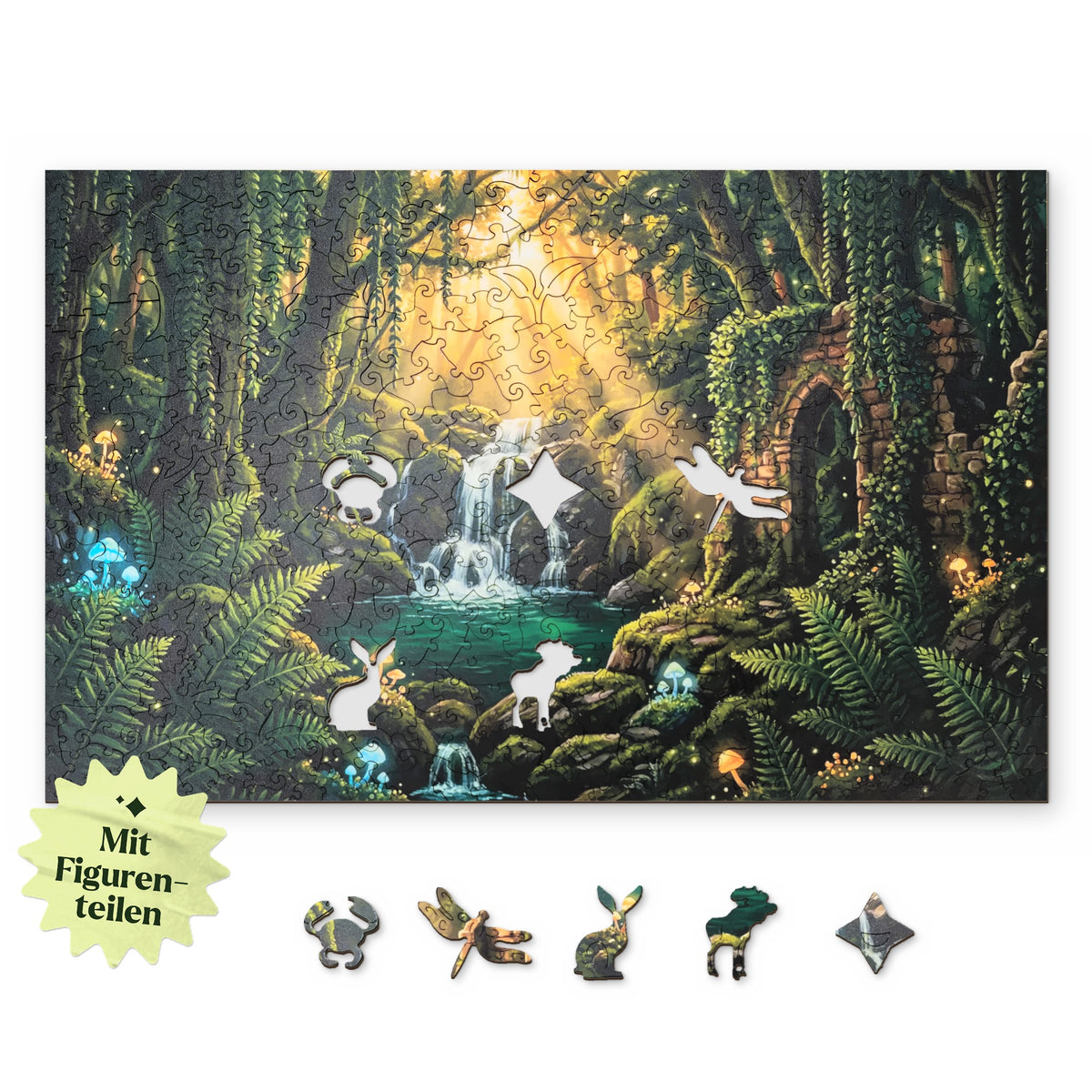 "Mystical Waterfall" Wooden Puzzle, with an overhead view on a white background, featuring figure pieces such as a crab, a dragonfly, and a rabbit below
