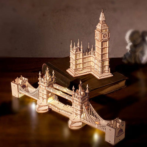 Rolife Architecture 3D Wooden Puzzle with Lights: Tower Bridge and Big Ben-3D Puzzle-Robotime--.