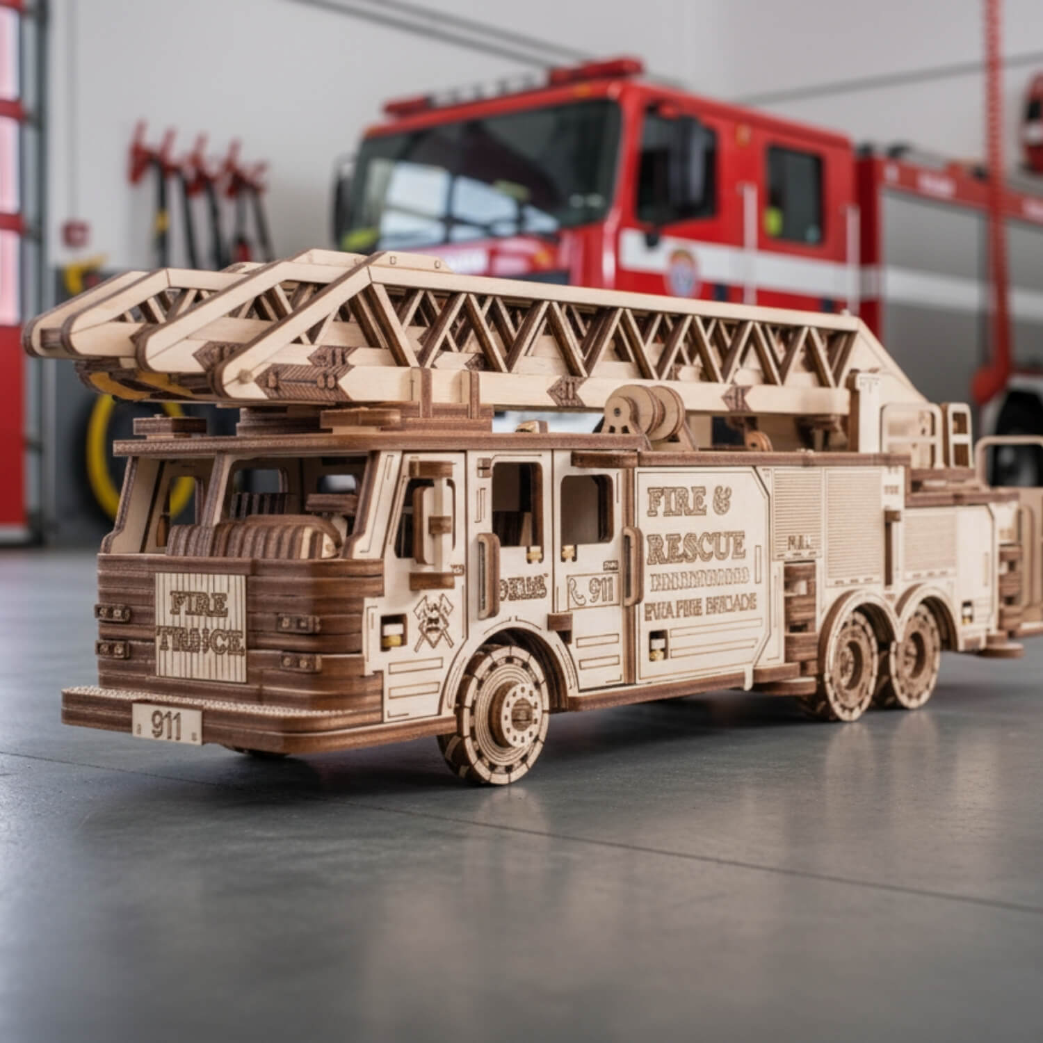 🚒 Feuerwehrwagen Starter-Set Mechanisches Holzpuzzle Eco-Wood-Art Feuerwehrauto