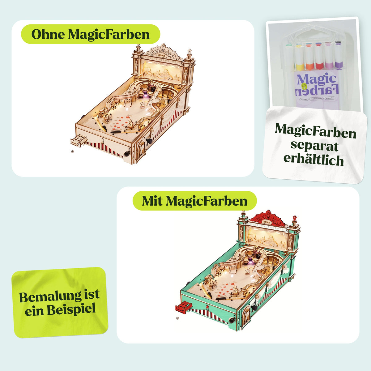 Machine de flipper 3D « Maquette en bois », au fini naturel et, à titre d'exemple, peinte en vert menthe, blanc et rouge (peintures MagicFarben vendues séparément)