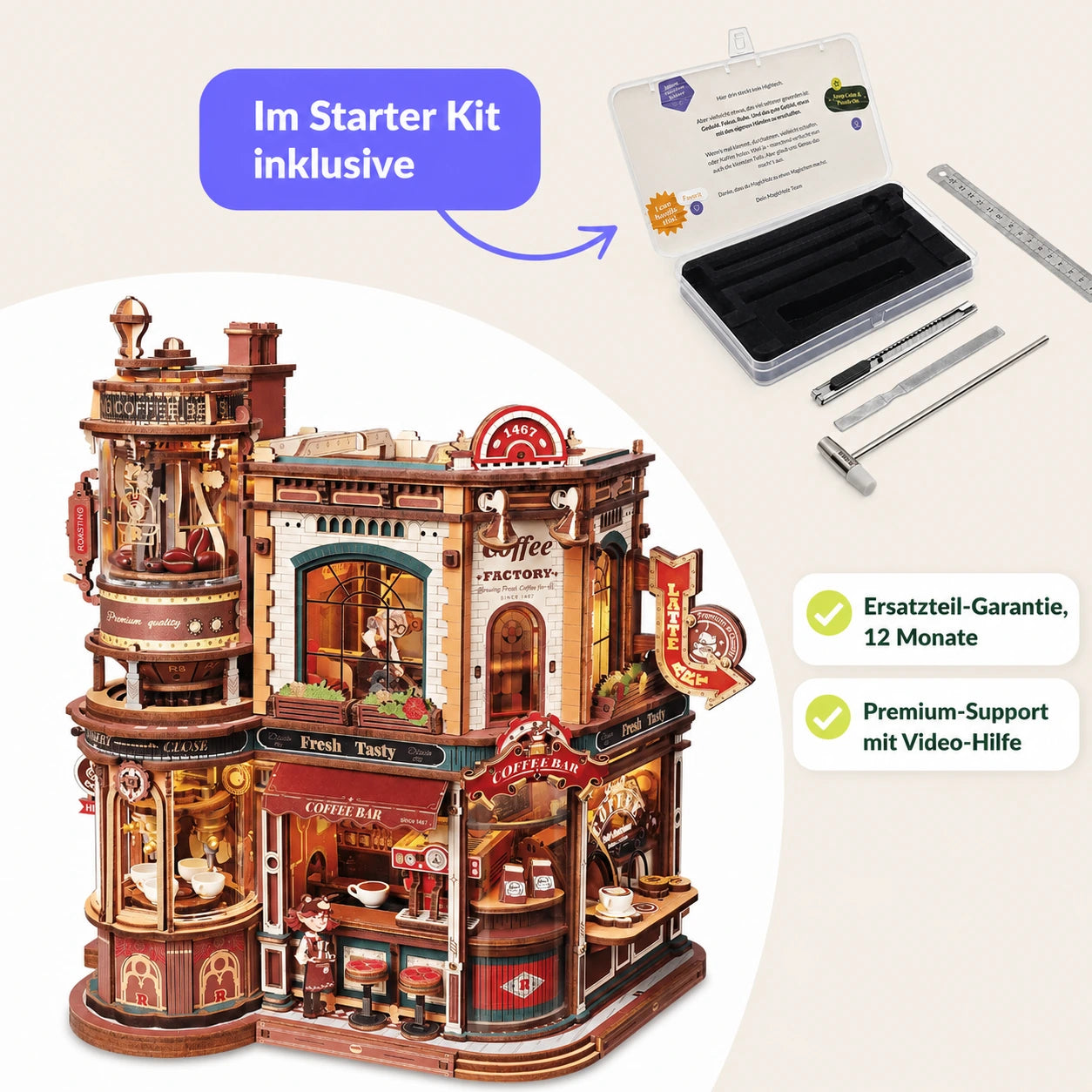 Dream Coffee Factory 3D Wooden Model Kit with Lights - Mechanical Model Kit by Robotime