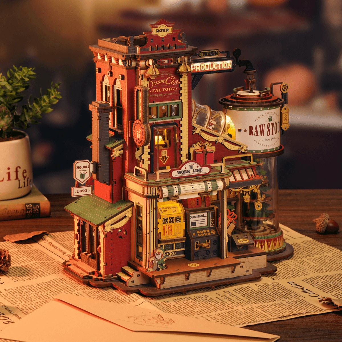 Dream Gift Factory Starter Kit – 3D-Holzbausatz mit Licht & Musik, inkl. Werkzeug-Set Mechanischer Bausatz Robotime