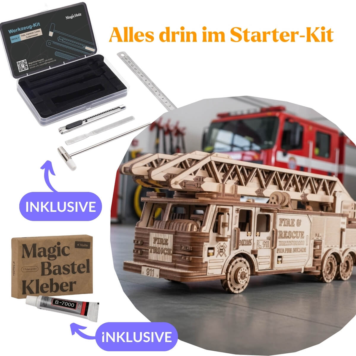 Fire truck – mechanism for switching off Mechanical wooden puzzle Eco-Wood-Art