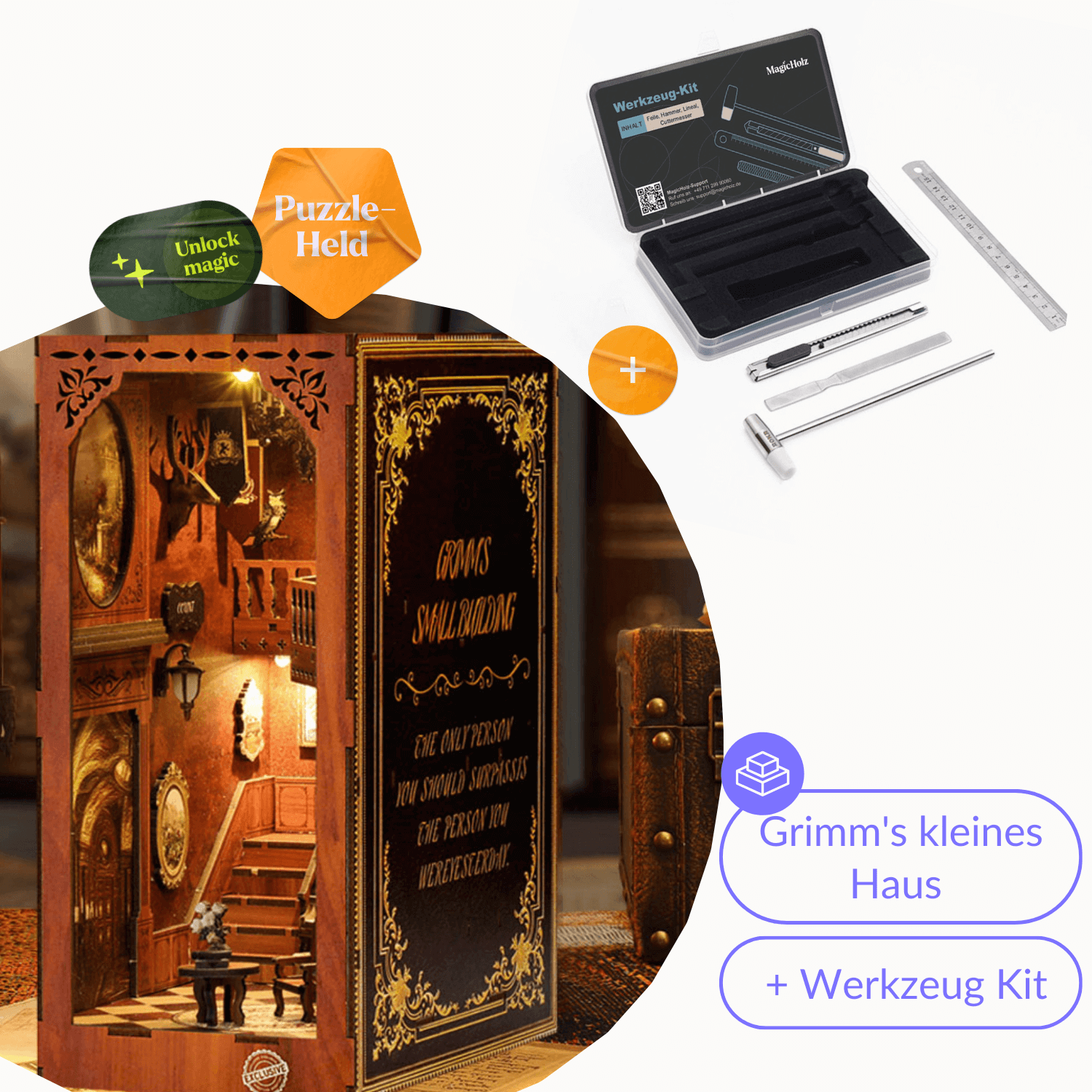 Grimm's kleines Haus | Diorama | Book Nook Diorama MagicHolz Starter Kit | Book Nook + Werkzeug