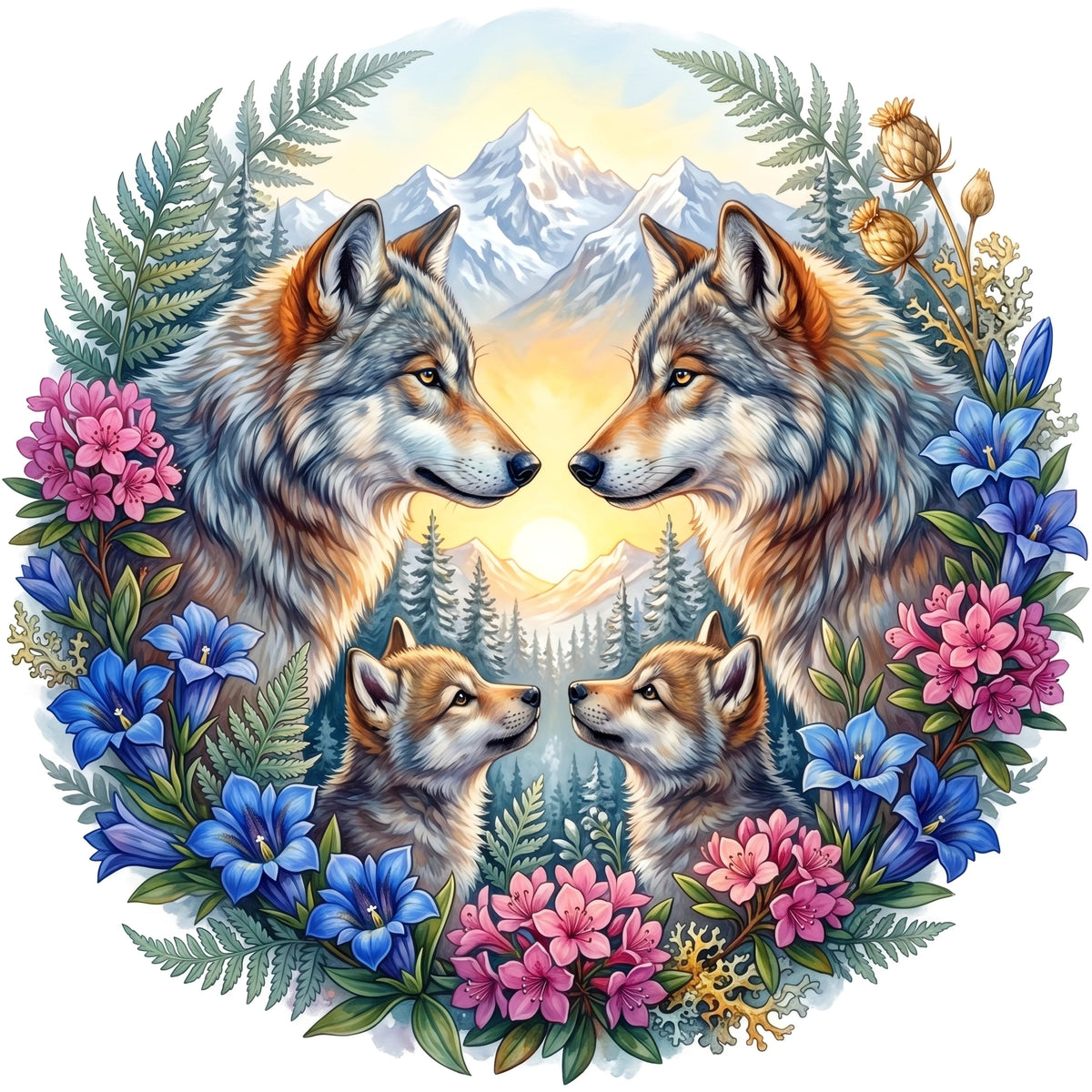 Wolfsfamilie im Alpenglanz Mandala Holzpuzzle (2D) MagicHolz