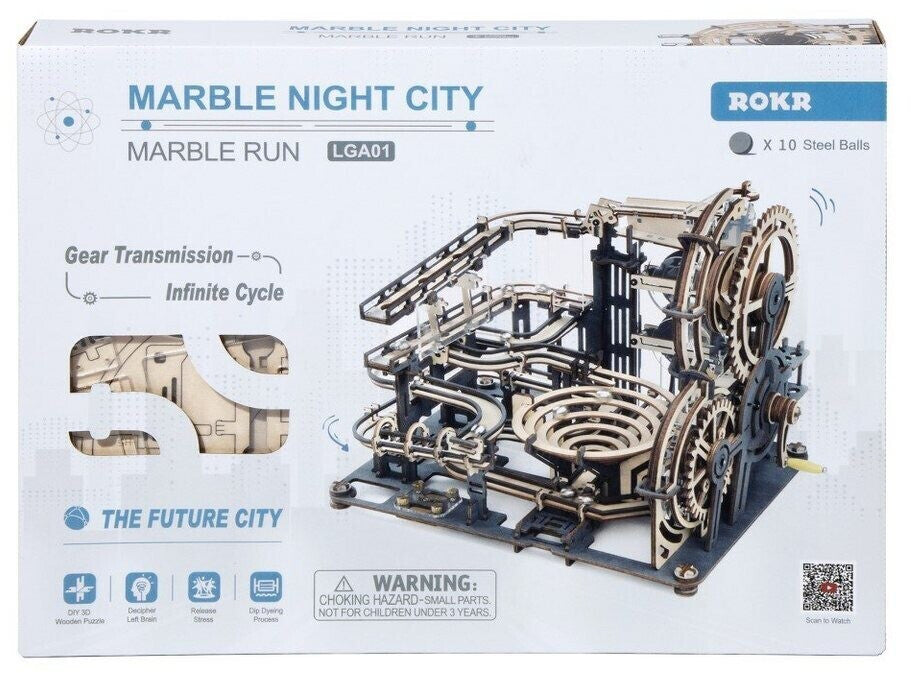 Maquette 3d en bois d'un parcours de billes avec spirale - Night City