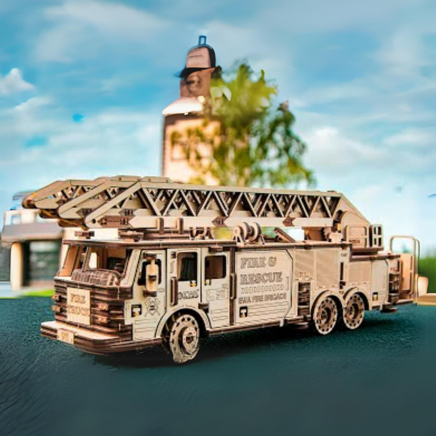 Mechanischer LKW | Feuerwehrauto-Mechanisches Holzpuzzle-Eco-Wood-Art-fire-truck-ewa-4815123001409