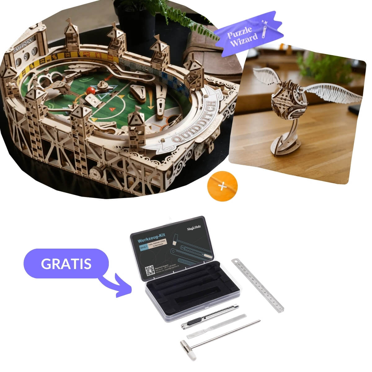 Harry Potter™: Quidditch Fan Pack Mechanical Wooden Puzzle MagicHolz Starter Kit | Quidditch + Snitch + Tool Set