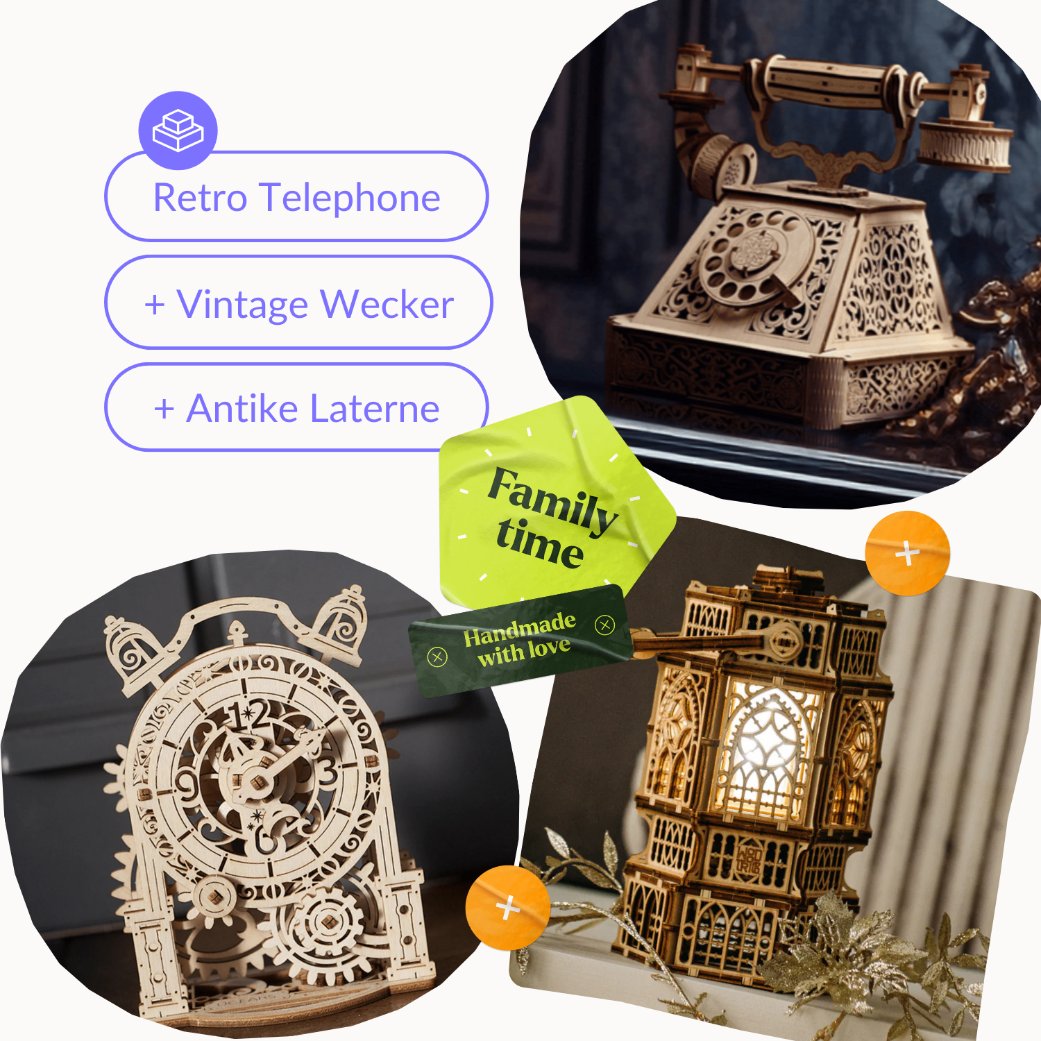 Retro Telephone-Mechanisches Holzpuzzle-Eco-Wood-Art-RetroPhoneWeckerLaterne-