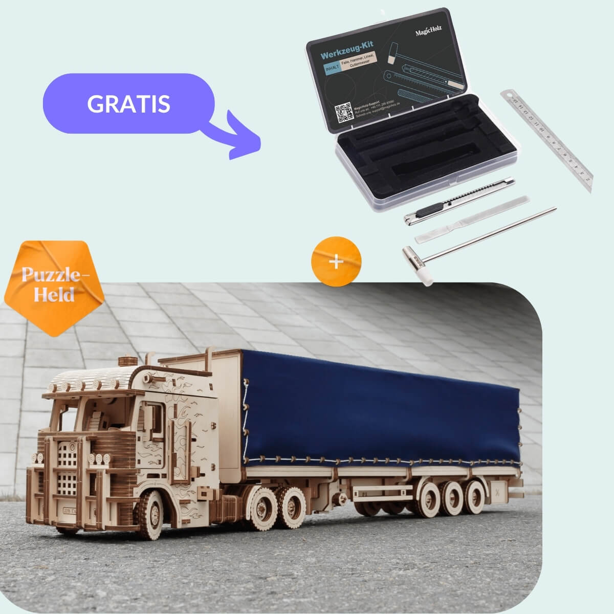 Road King - Your truck. Your project. Your highway. Mechanical wooden puzzle Eco-Wood-Art Starter Kit | Road King + tarpaulin + tool set