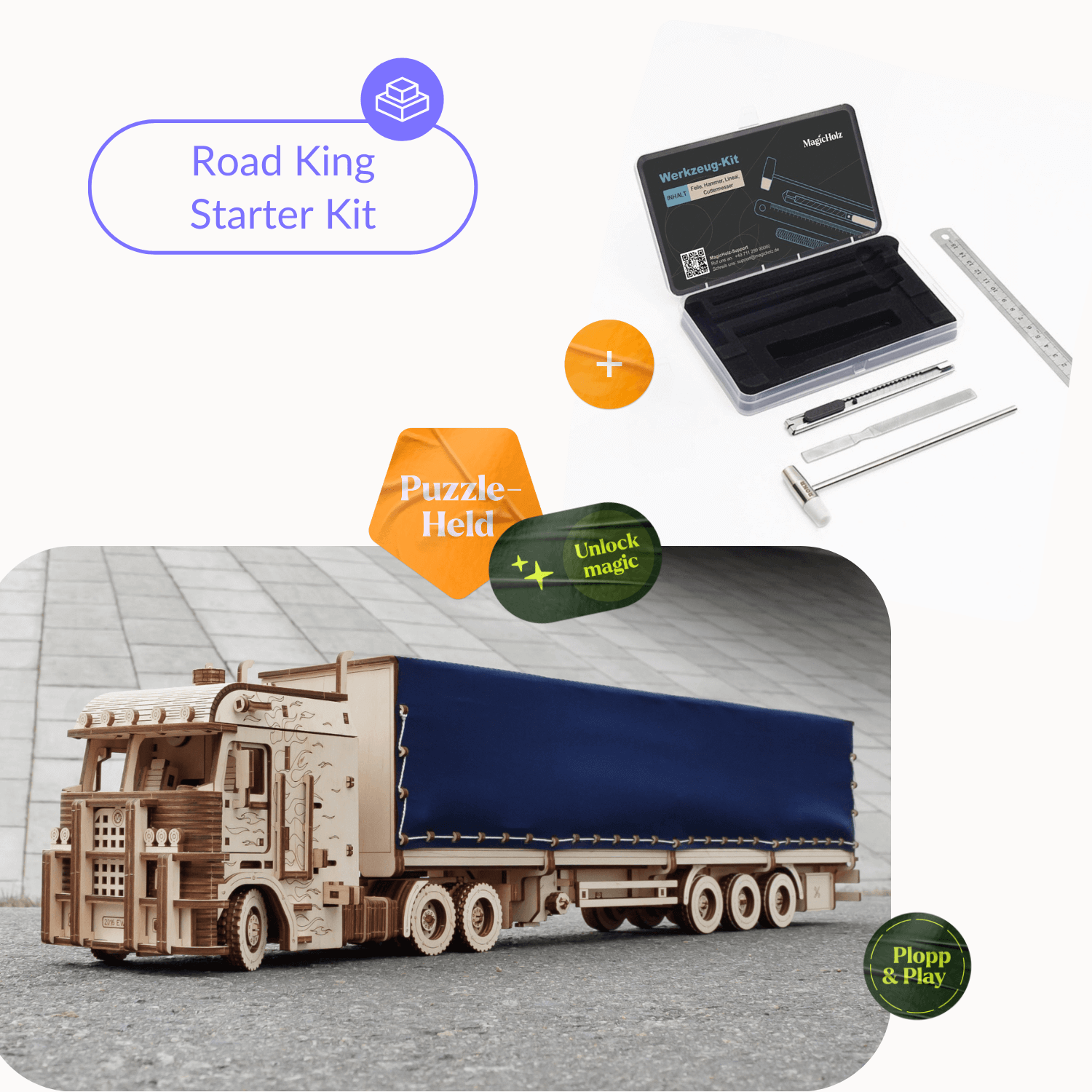 Road King – Dein Truck. Dein Projekt. Dein Highway. Mechanisches Holzpuzzle Eco-Wood-Art Starter Kit | Road King + Plane + Werkzeugset
