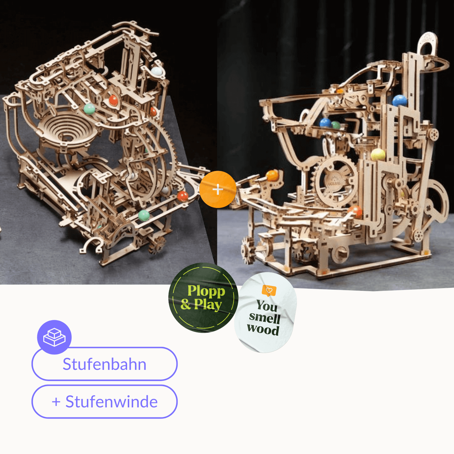 Murmelbahn mit Stufenwinde Mechanisches Holzpuzzle Ugears Stufenwinde + Murmel-Stufenbahn