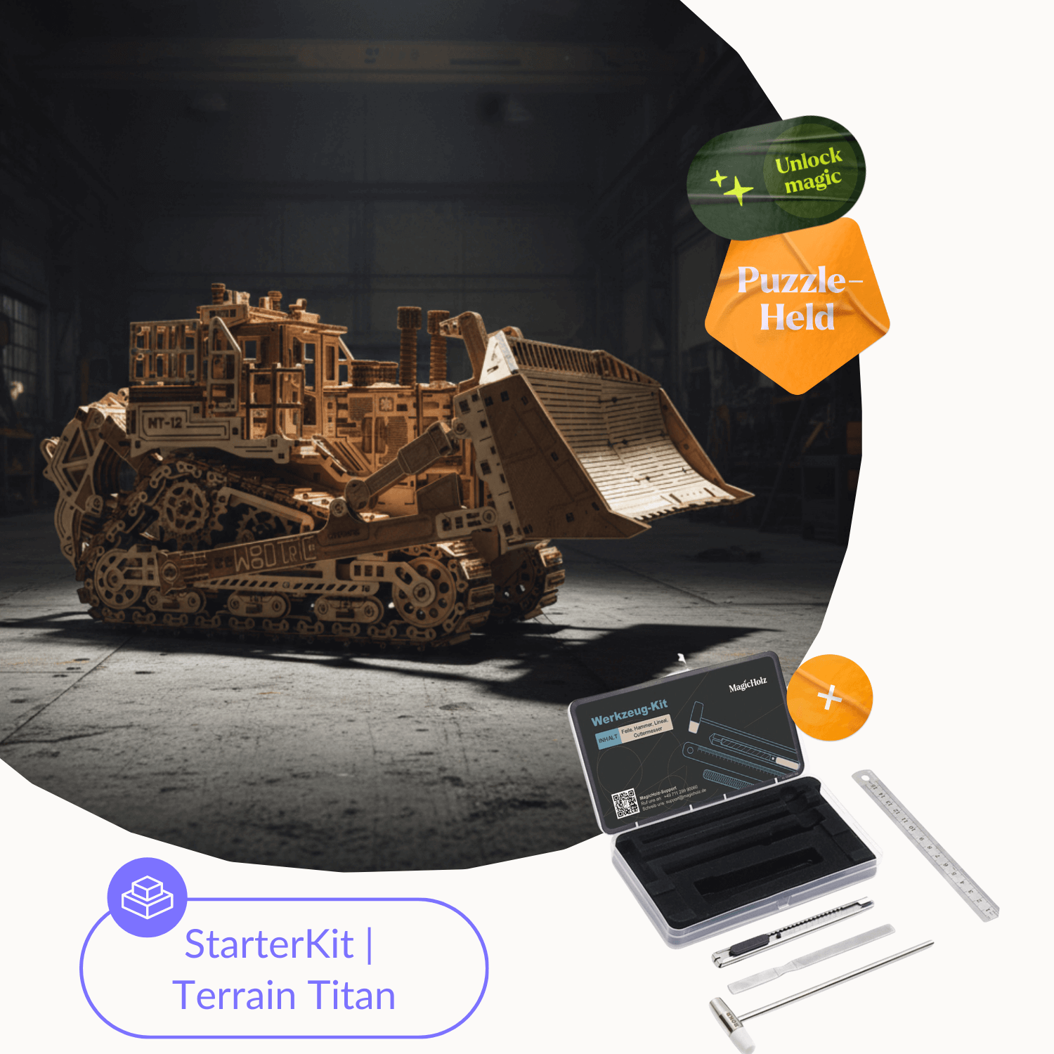 Terrain Titan | Bulldozer Mechanical Wooden Puzzle WoodTrick Starter Kit | Bulldozer + Tool Kit