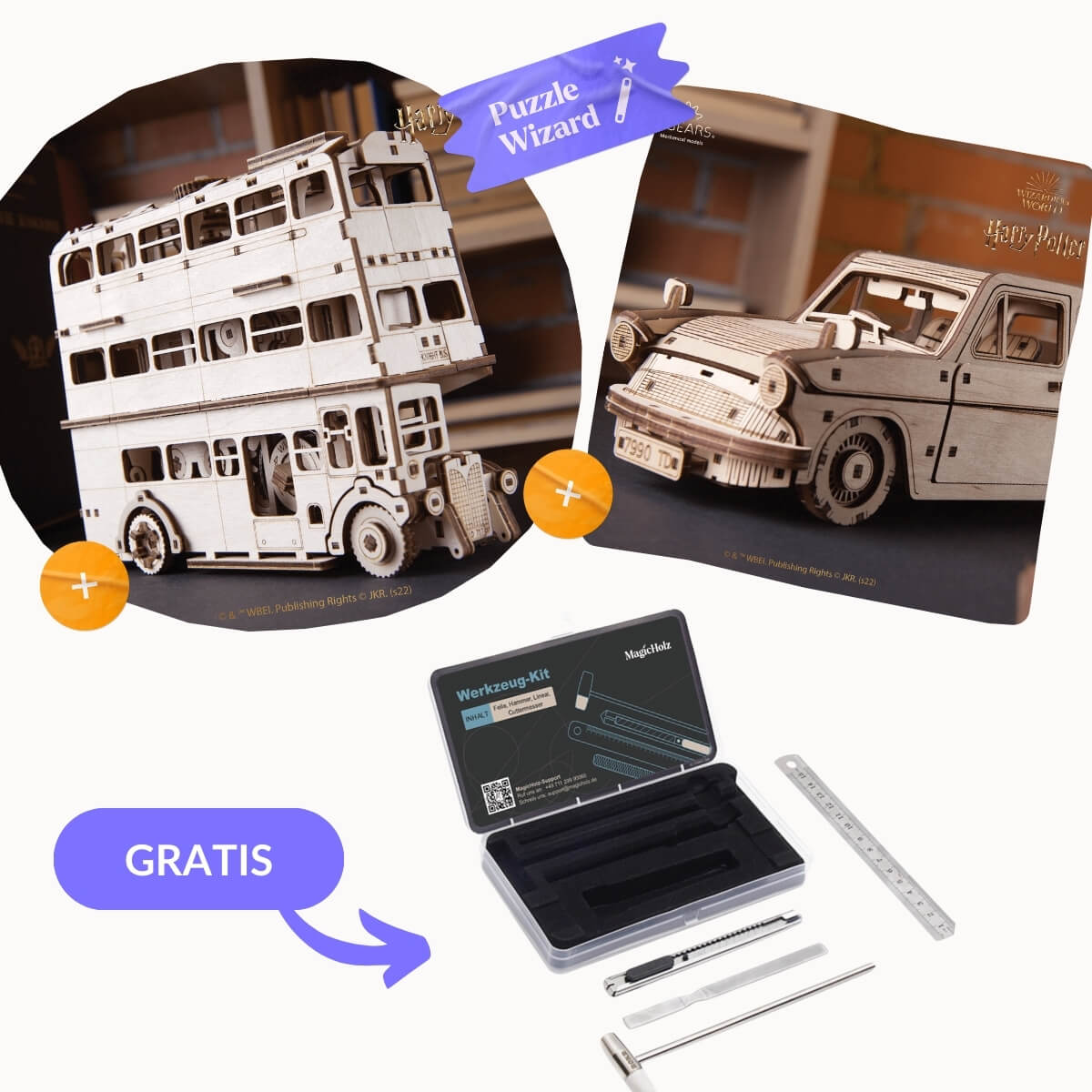 Harry Potter™: Magical Vehicles Mechanical Wooden Puzzle MagicHolz Starter Kit | Anglia + Knight + Tool Set