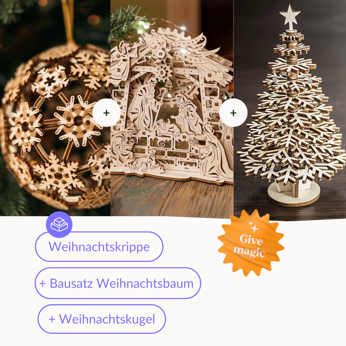 Weihnachtskrippe l DIY-Mechanisches Holzpuzzle-Ugears-BundleKrippeBaumKugel-