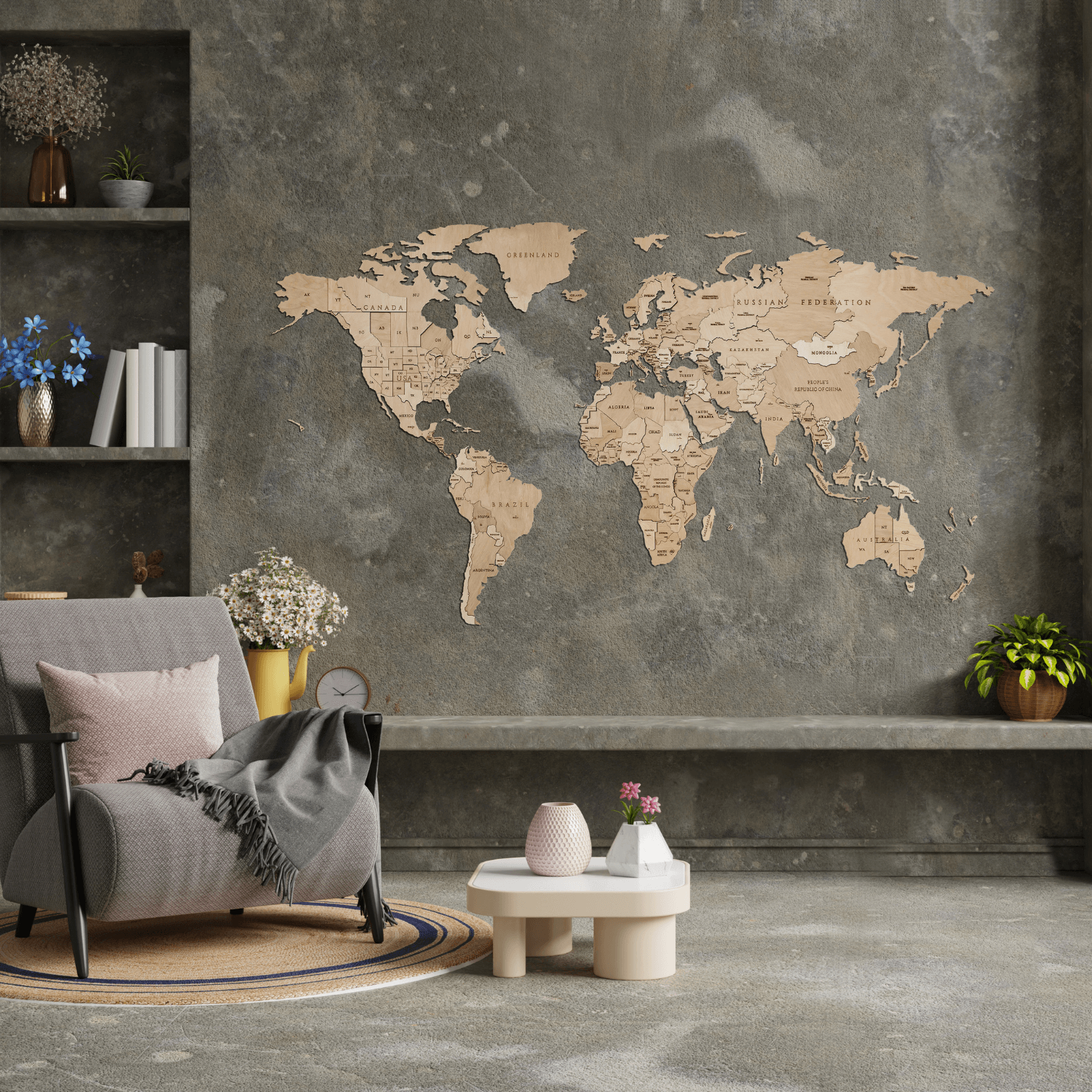 Carte du monde en bois en kit  World Map Puzzle mural en bois