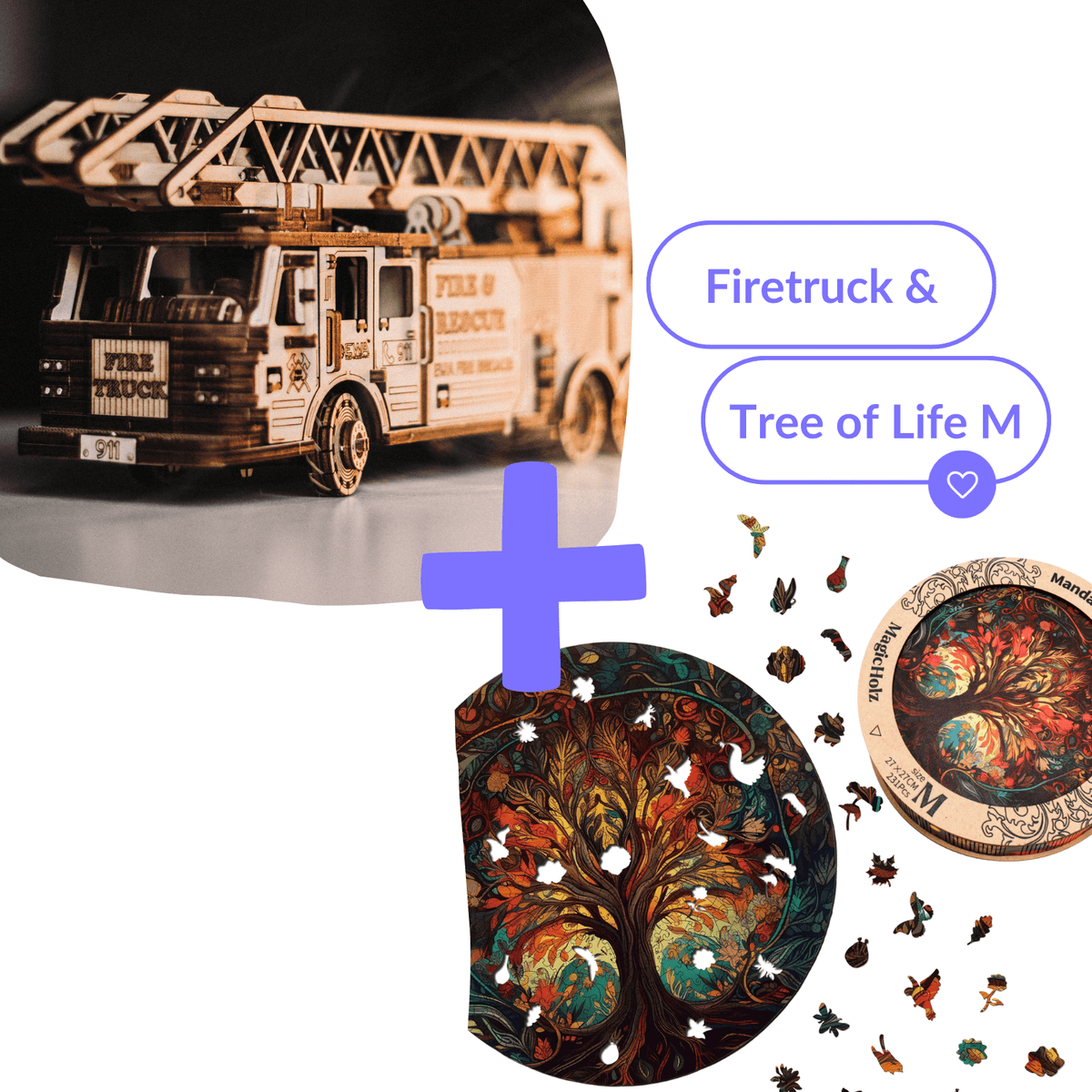 Firetruck & Tree of Life M - Set-Mechanical Wooden Puzzle-MagicHolz--