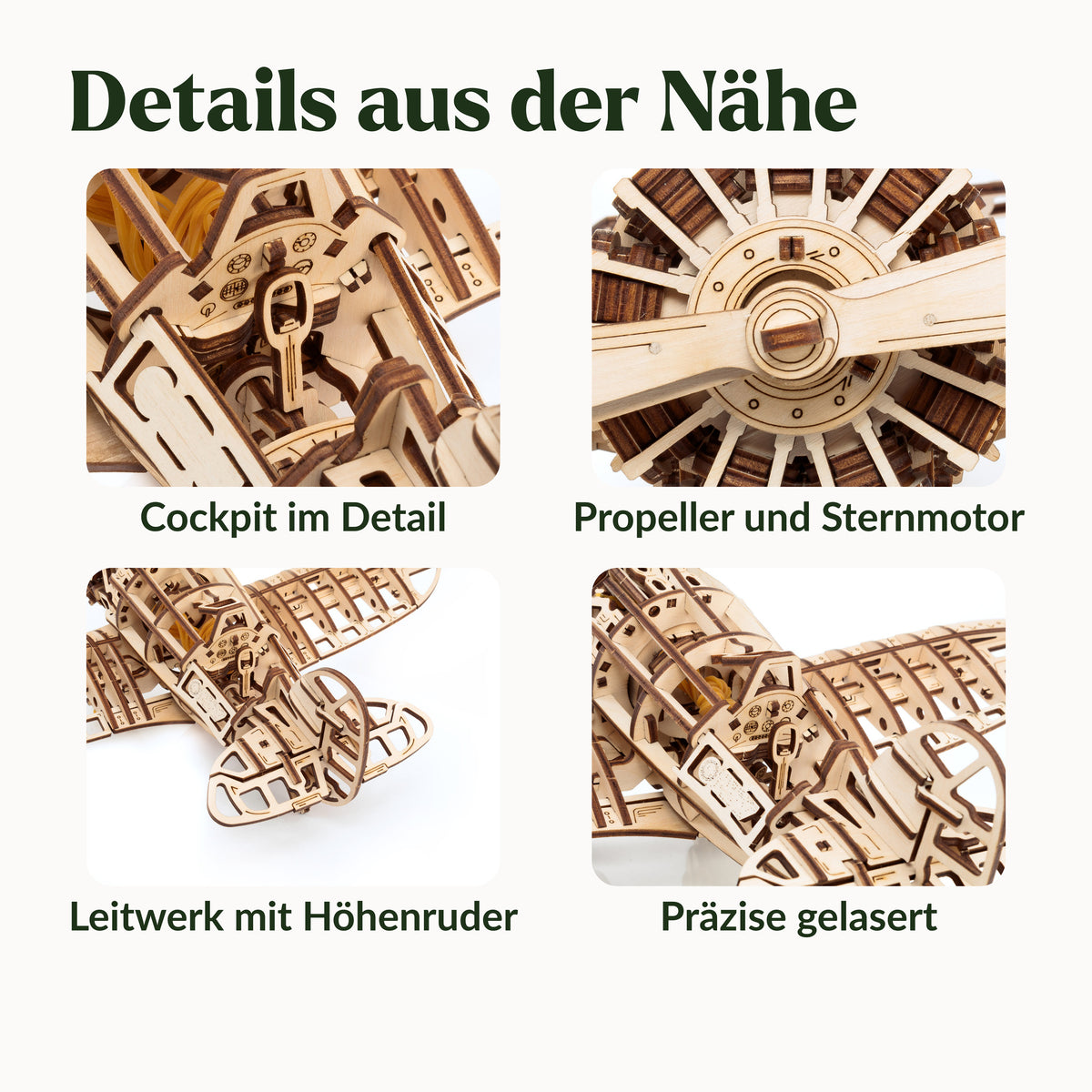 Mechanical airplane, four detailed photos: cockpit, propeller with radial engine, tail section with elevator, laser-cut
