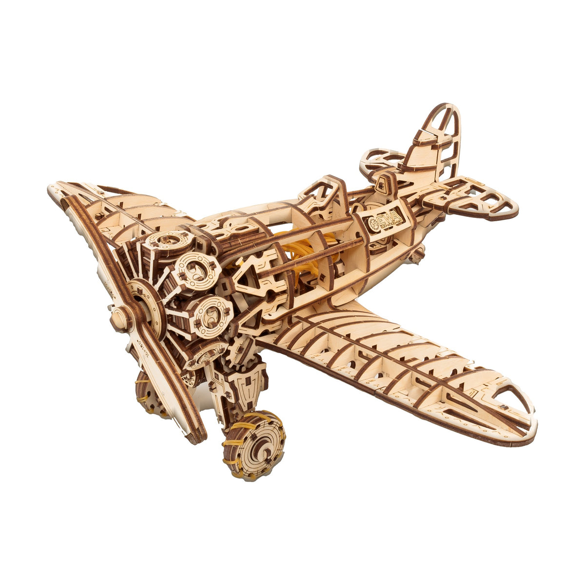 Mechanical airplane, cut-out wooden model viewed from the front left at an angle, with propeller and landing gear, on a white background