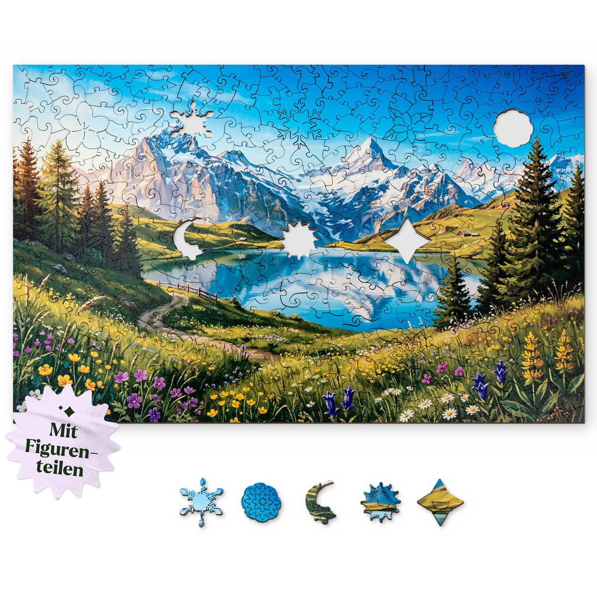 Alpine Panorama with Mountain Lake Wooden Puzzle, top view on a white background, with figure pieces such as a snowflake, mandala flower, and crescent moon below