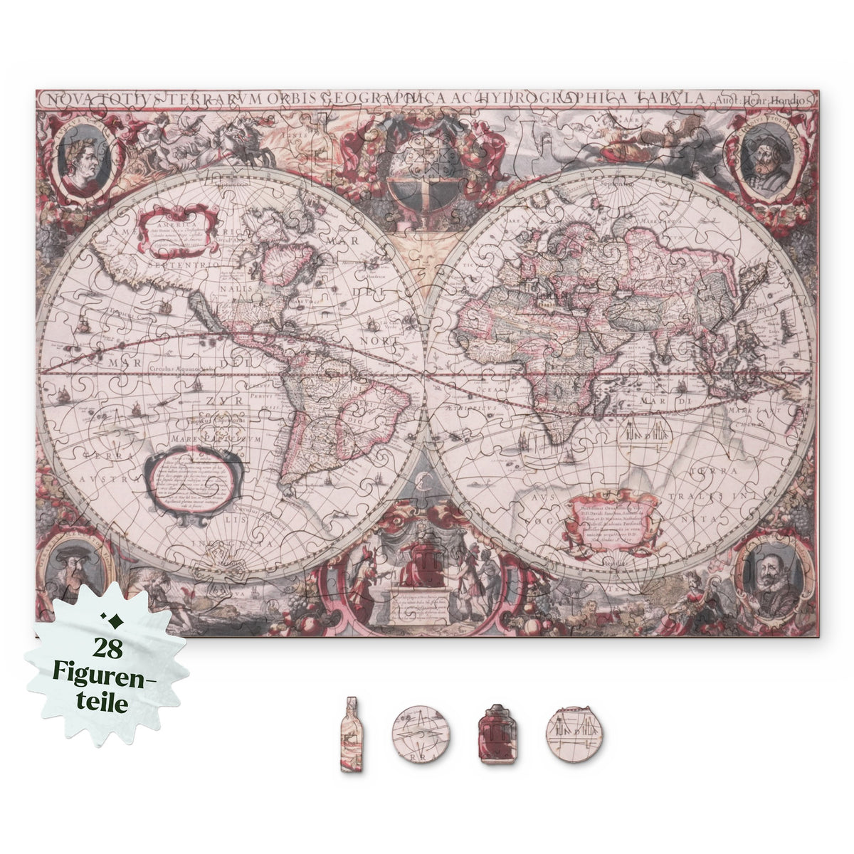 Puzzle en bois représentant une carte du monde antique, motif vu d'en haut sur fond blanc, avec en dessous des éléments tels qu'une bouteille, une rose des vents et une tour
